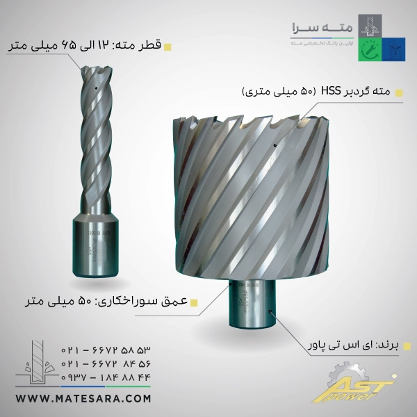 مته گردبر HSS عمق سوراخ‌کاری 50 میلی‌متر ای اس تی